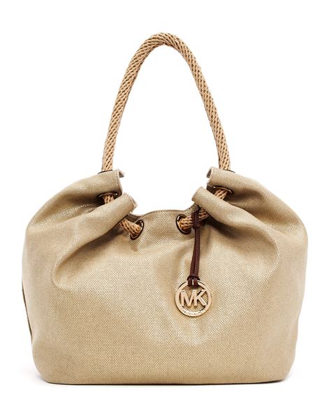 michael kors beige natural canvas handbag tan gold trim|Michael Kors beige handbag.